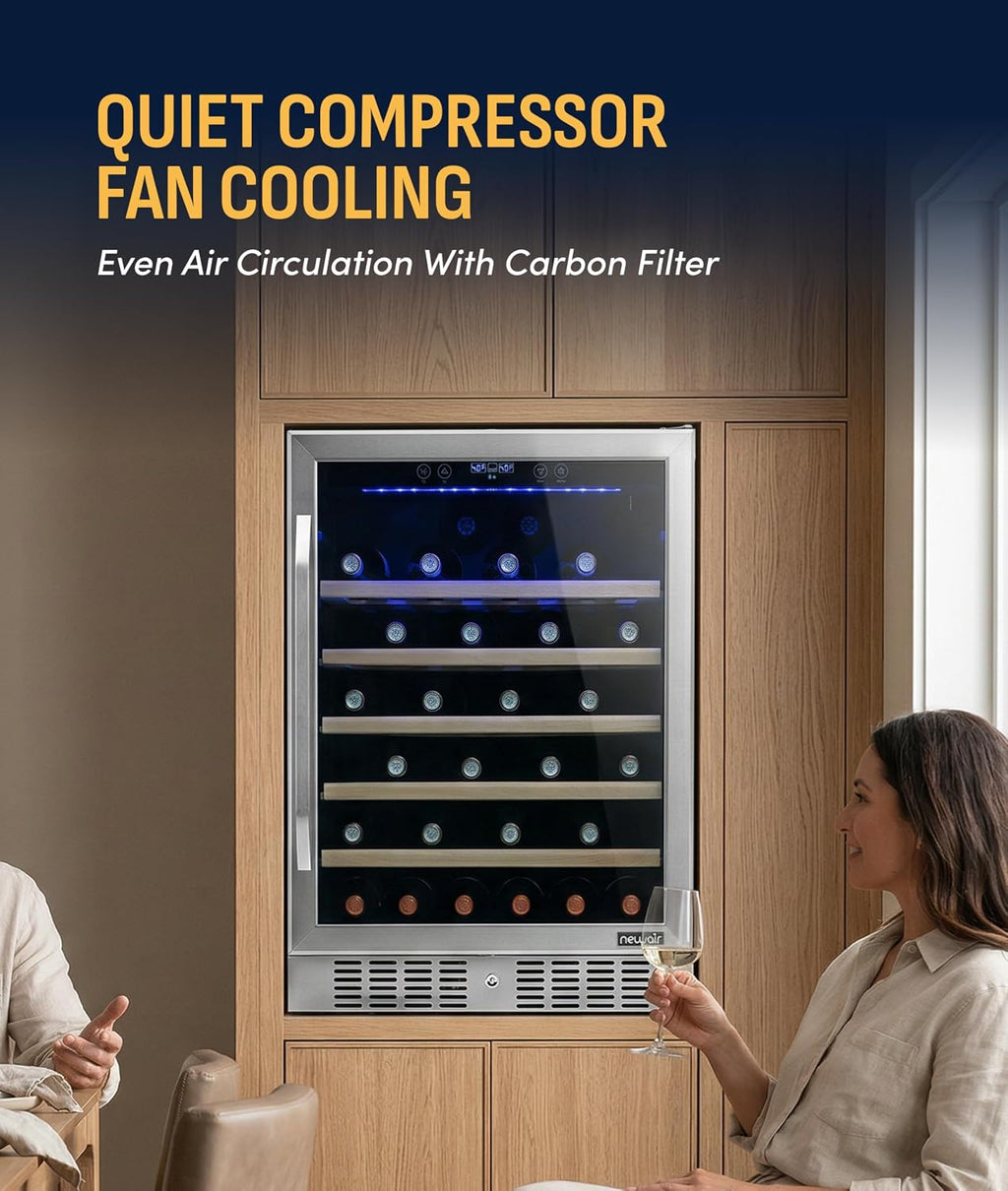 NewAir 24' Wine Fridge for 52 Bottles | Built-In or Freestanding Wine Cooler Refrigerator with Glass Door | Precision Cooling, Slide-Out Shelves & Quiet Compressor System | Stainless Steel