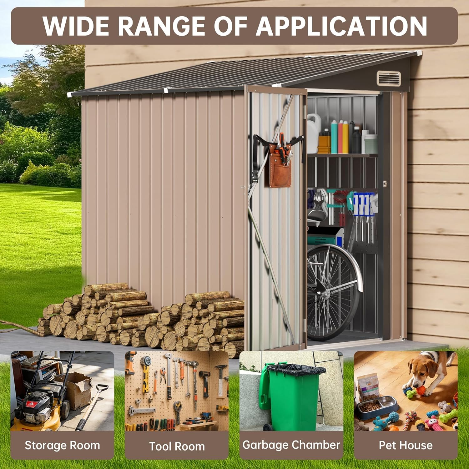 4x6 Lean to Yard Storage Shed, Outdoor Lean to Storage Sheds, Metal Wall Side Bike Shed with Lockable Door for Tool Garden Sheds for Patio Lawn Yard, Brown