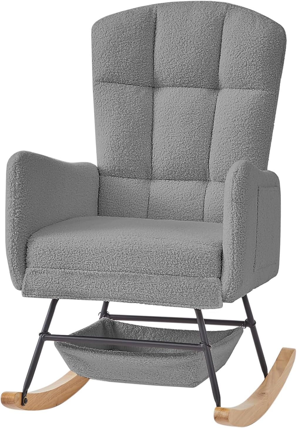Teddy Upholstered Rocking Chair,Indoor Glider Chair with High Backrest and Side Pockets, Accent Arm Chair with Storage Bag for Living Room. (Grey)