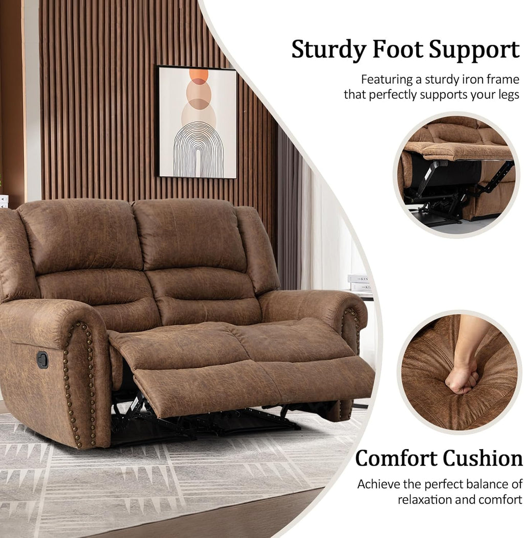 CANMOV Faux Leather Manual Recliner Sofa Set, 2 Recliner Chair and a Loveseat Sofa for Living Room,Bedroom Furniture, Office, Nut Brown