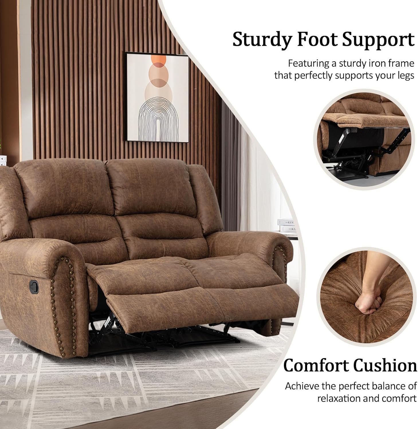 CANMOV Faux Leather Manual Recliner Sofa Set, 2 Recliner Chair and a Loveseat Sofa for Living Room,Bedroom Furniture, Office, Nut Brown