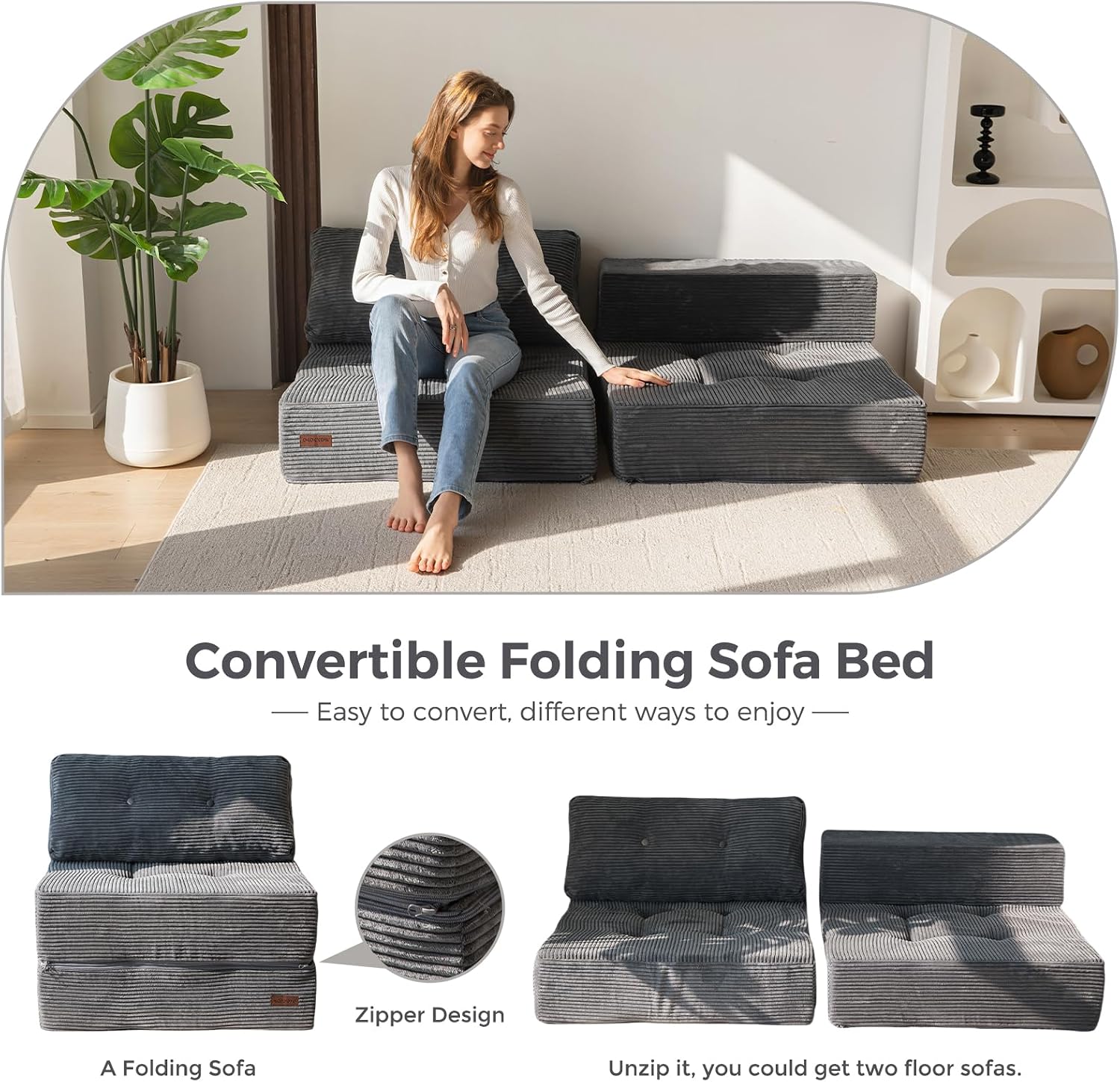 MAXYOYO Folding Sofa Bed, Convertible Sofa Bed with High-Density Support Foam, Portable 4 in 1 Fold Out Chair to Floor Lounger, Versatile Floor Couch for Living Room Bedroom, Dark Grey
