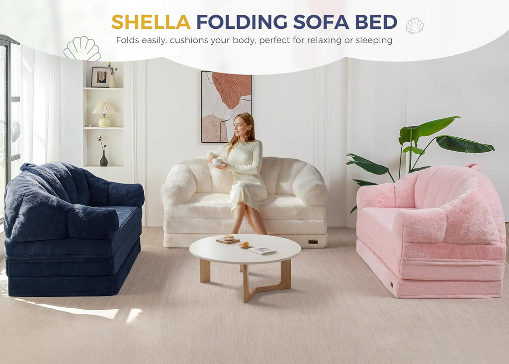MAXYOYO Folding Sofa Bed, 2 in 1 Convertible Sofa to Lounger Comfy Loveseat Bean Bag Chair for Adults, Floor Sleeper Couch with Handle, Faux Fur Couch Bed for Living Room Bedroom, Navy, Loveseat