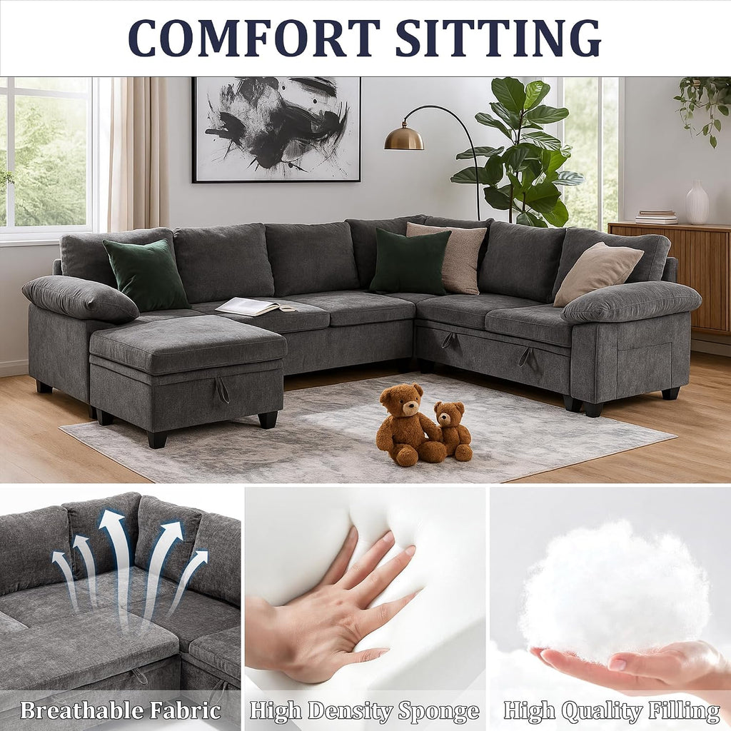 108 Inch Sectional Sleeper L Shaped Sofa with Pull Out Bed, Modular Sectional Sofa with Storage, Modern Chenille Cloud Couch, Sectional Couches for Living Room, Grey