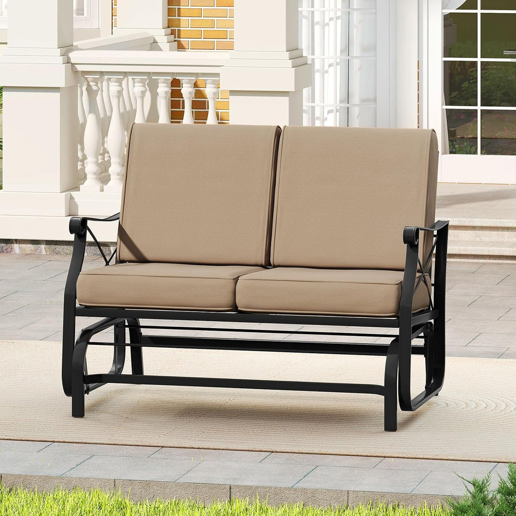 Tangkula Patio Glider Bench, 2-Person Swing Gliding Loveseat with Breathable Fabric Seat & Soft Cushions, 660 LBS Metal Frame Outdoor Rocking Chair for Porch, Poolside, Backyard