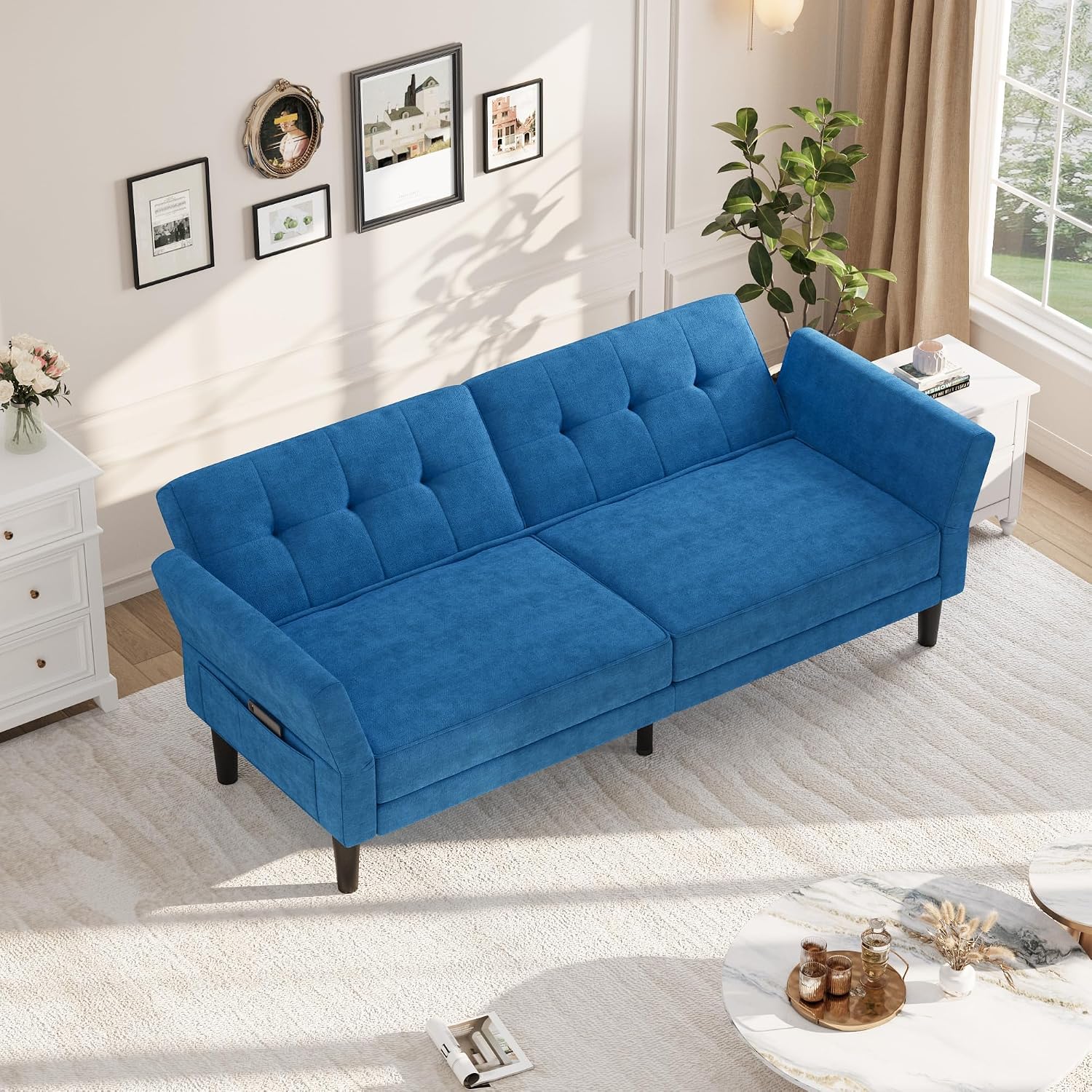 GarveeHome 89' Futon Sofa Bed, Convertible Sleeper Sofa with Adjustable Backrest & Armrest, Modern Futon Couch Bed, Loveseat Sleeper for Living Room Bedroom Apartments, Blue