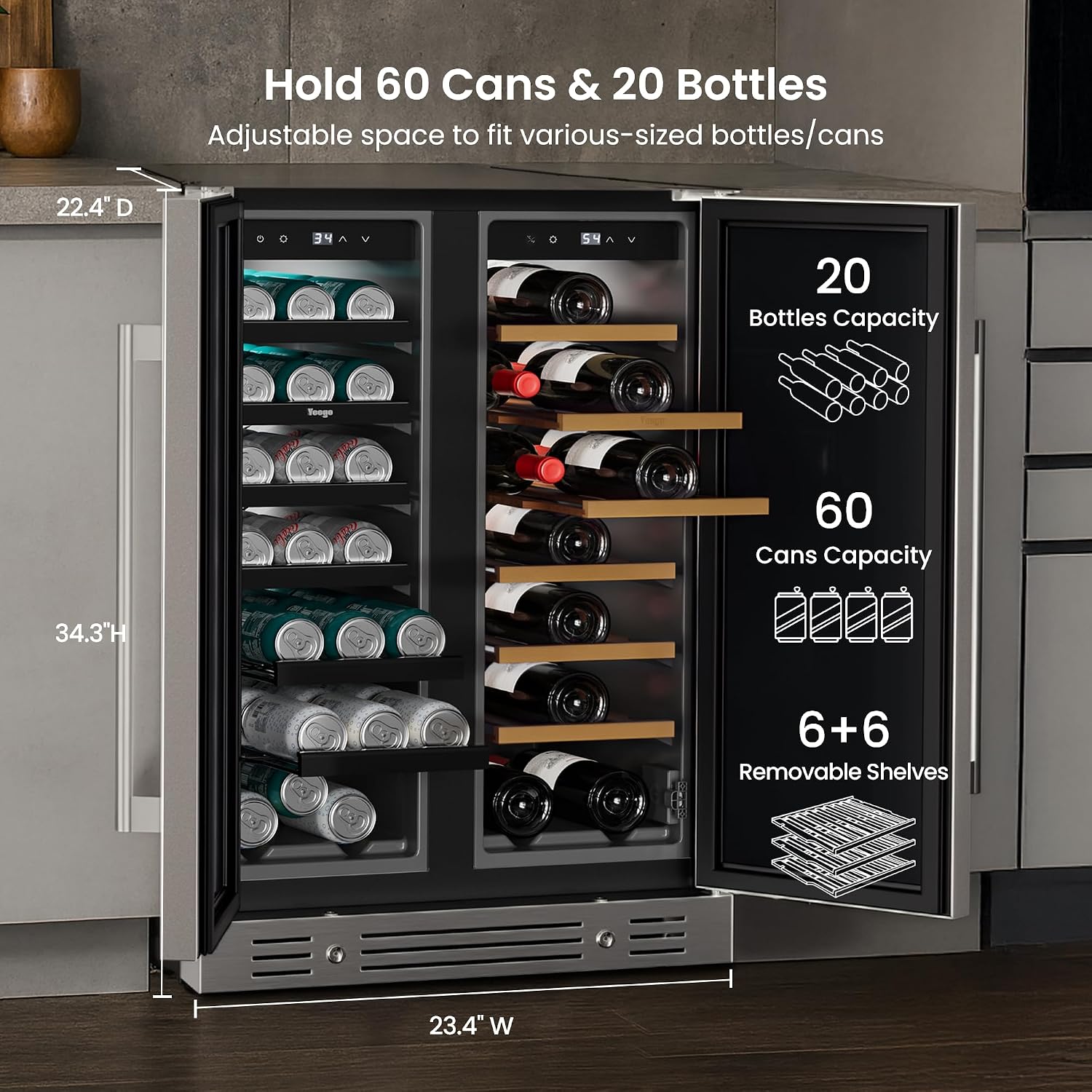 Yeego 24 Inch Wine and Beverage Cooler - 34-65°F, Holds 60 Cans & 20 Bottles Adjustable Shelves Beverage Fridge, Stainless Steel Door with Lock for Built-in in Kitchen, Patio, Bar & Outdoor Use
