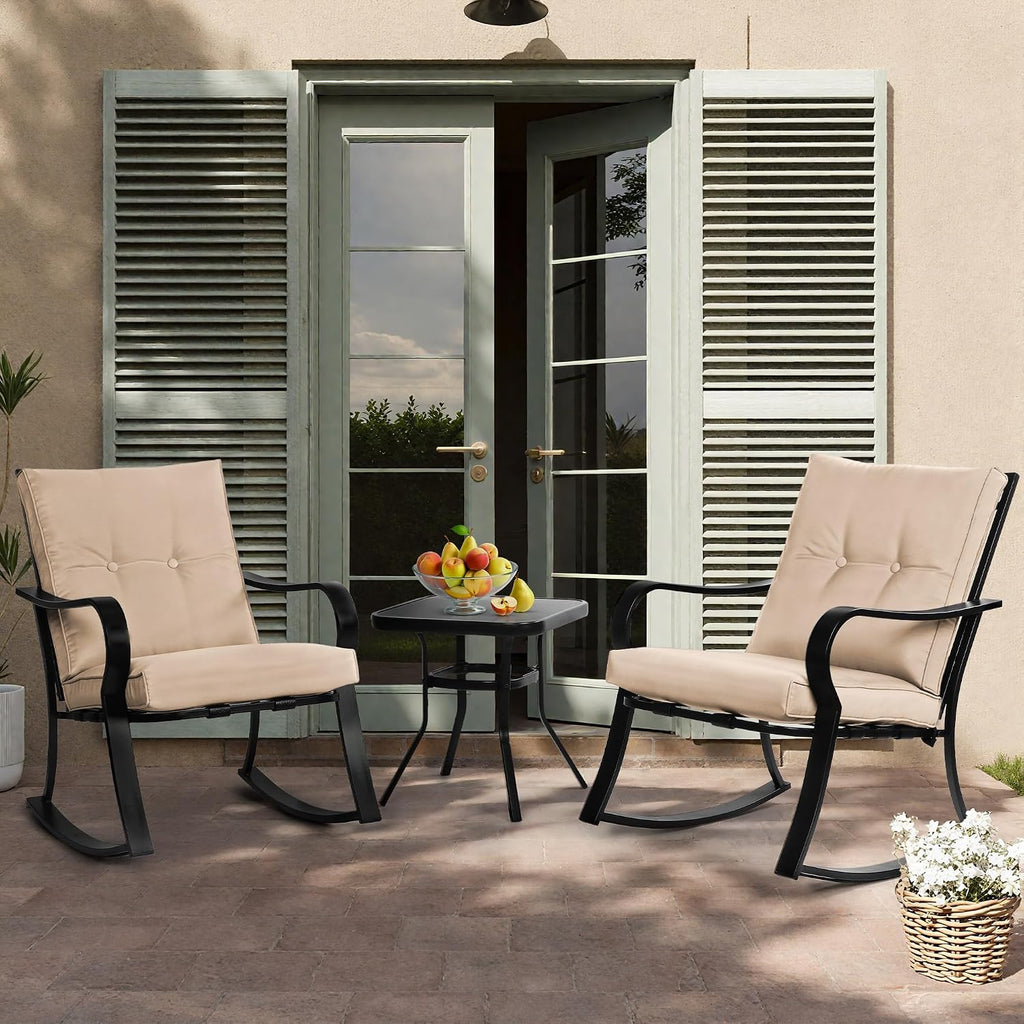 Incbruce 3 Piece Patio Bistro Set Outdoor Rocking Chairs Set, Porch Patio Conversation Chairs Set of 2 with Glass-Top Coffee Table (Brown Thickened Cushion)