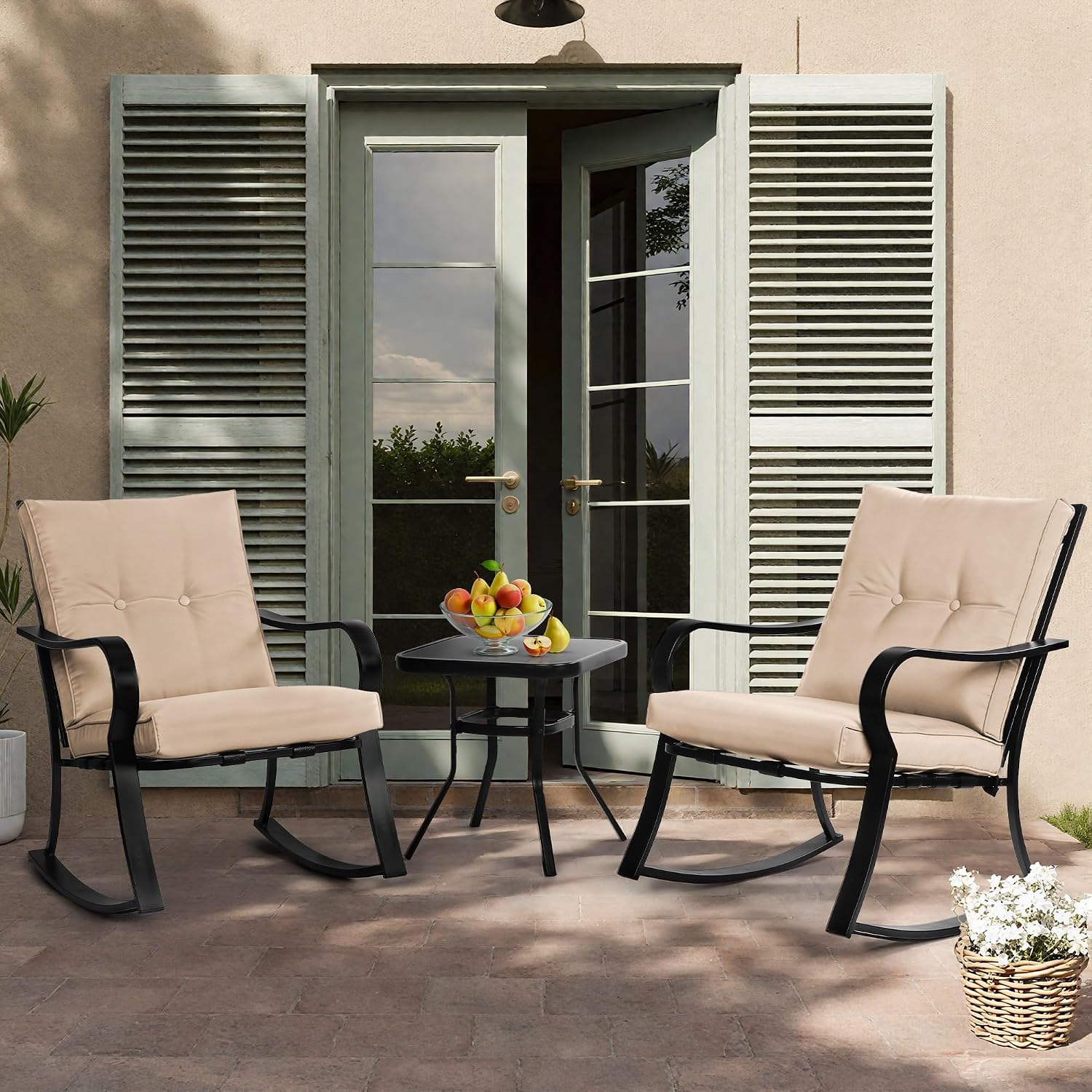 Incbruce 3 Piece Patio Bistro Set Outdoor Rocking Chairs Set, Porch Patio Conversation Chairs Set of 2 with Glass-Top Coffee Table (Brown Thickened Cushion)