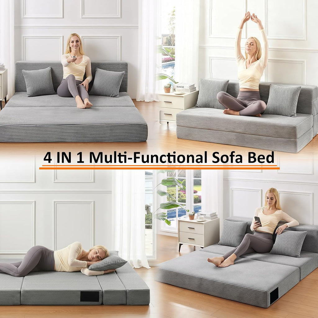 JKMAX Queen Size Folding Sofa Bed - 4 in 1 Convertible Sleeper Chair with Two Pillows - High Density Memory Foam Futon Couch - Foldable Bed for Living Room Bedroom (Dark Grey)