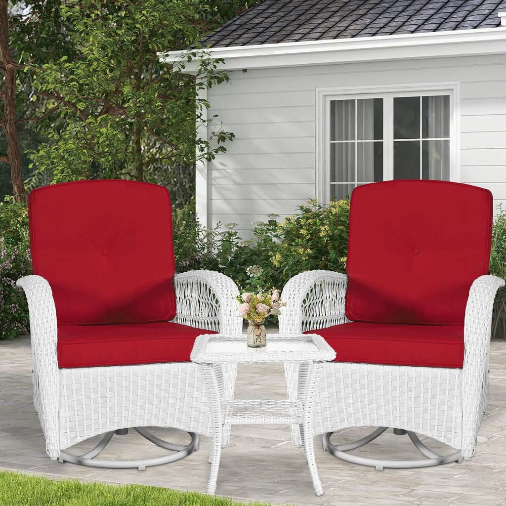 VIVIJASON 3-Piece Outdoor Conversation Bistro Set, Patio Swivel Glider Rocking Chairs Rattan Furniture Sets w/ 2 White Rattan Chairs, Glass Top Side Table for Porch Backyard, Red Cushions