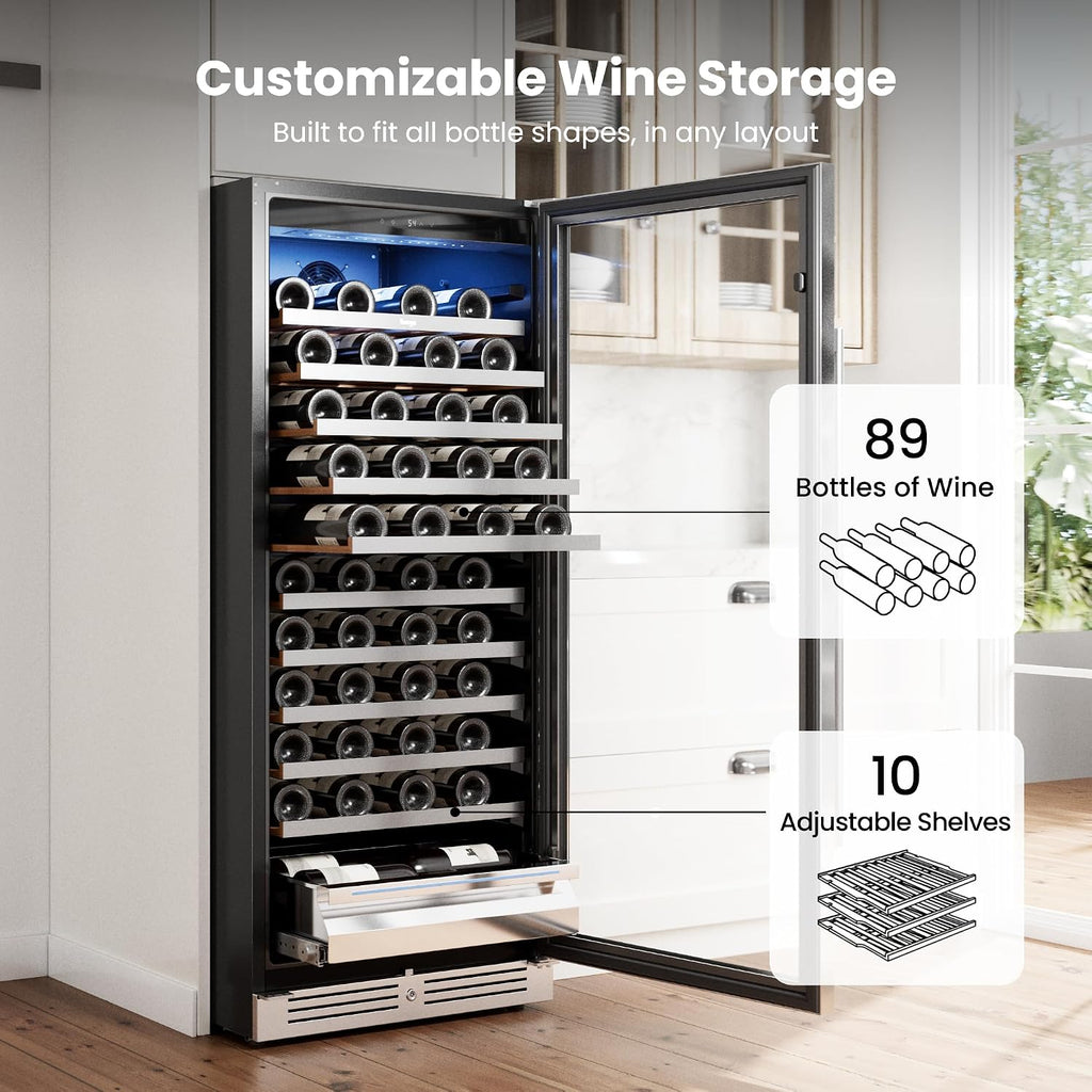 Yeego 24 Inch Wine Fridge – 40°F-65°F Wine Cooler Refrigerator, 304 Stainless Steel Glass Door Lock, Temperature Memory Blue & White LED Built-in Wine Fridge with Adjustable Shelves (89 Bottle)