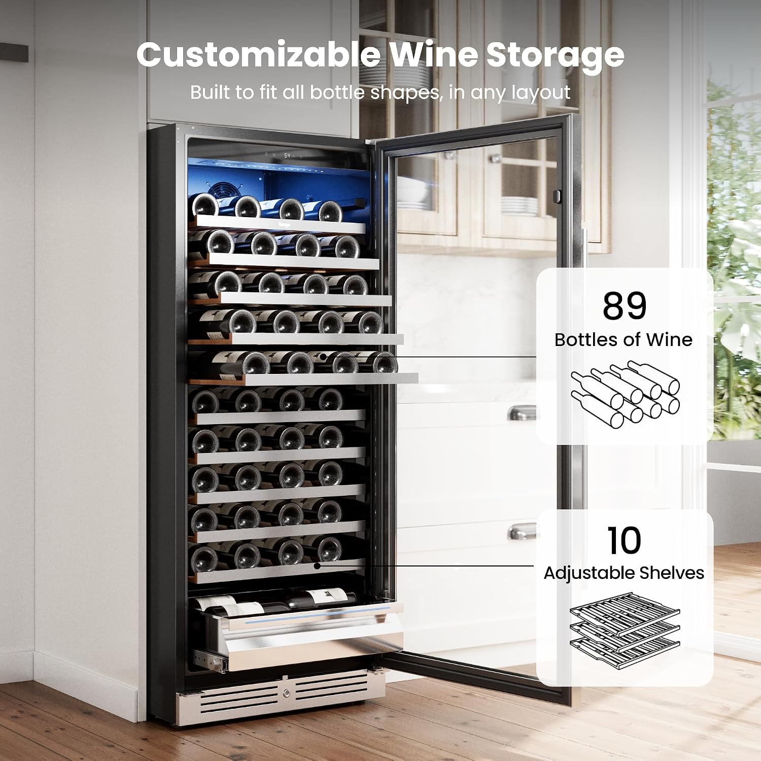 Yeego 24 Inch Wine Fridge – 40°F-65°F Wine Cooler Refrigerator, 304 Stainless Steel Glass Door Lock, Temperature Memory Blue & White LED Built-in Wine Fridge with Adjustable Shelves (89 Bottle)