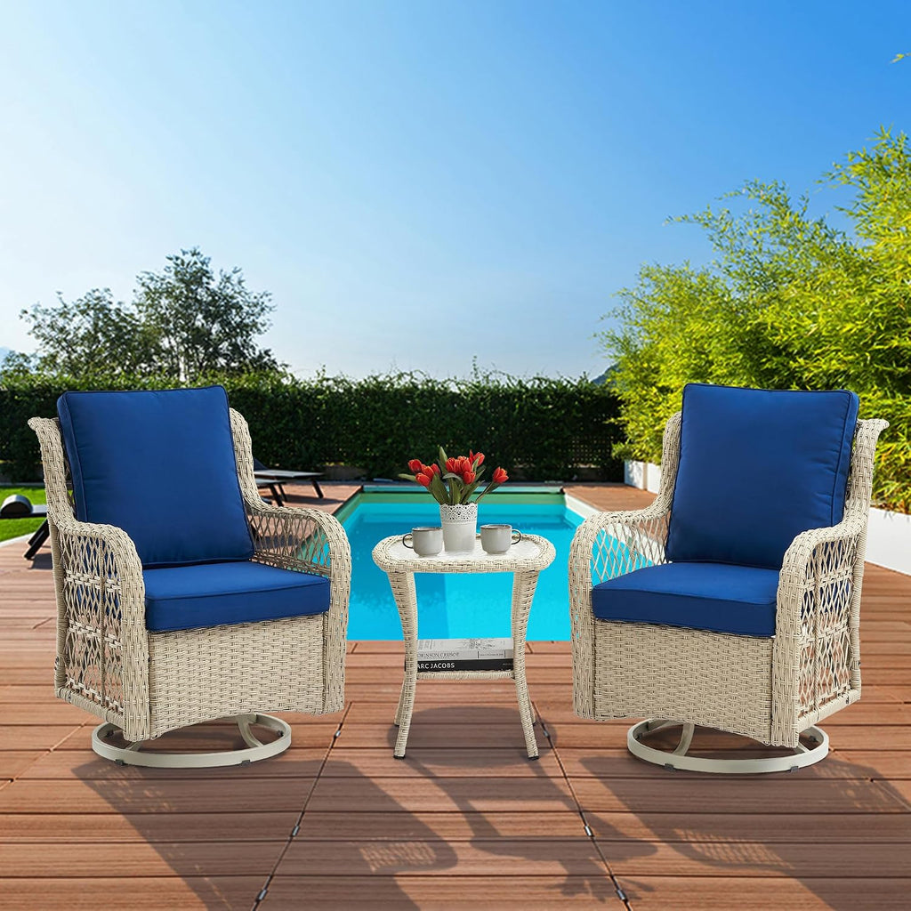 IDEALHOUSE 3 Piece Patio Furniture Sets Wicker Swivel Patio Chairs, Swivel Rocking Chairs Set of 2 with Rattan Side Table, 360-Degree Swivel Rocking Chair for Patio Porch Pool (Light Beige), Onesize