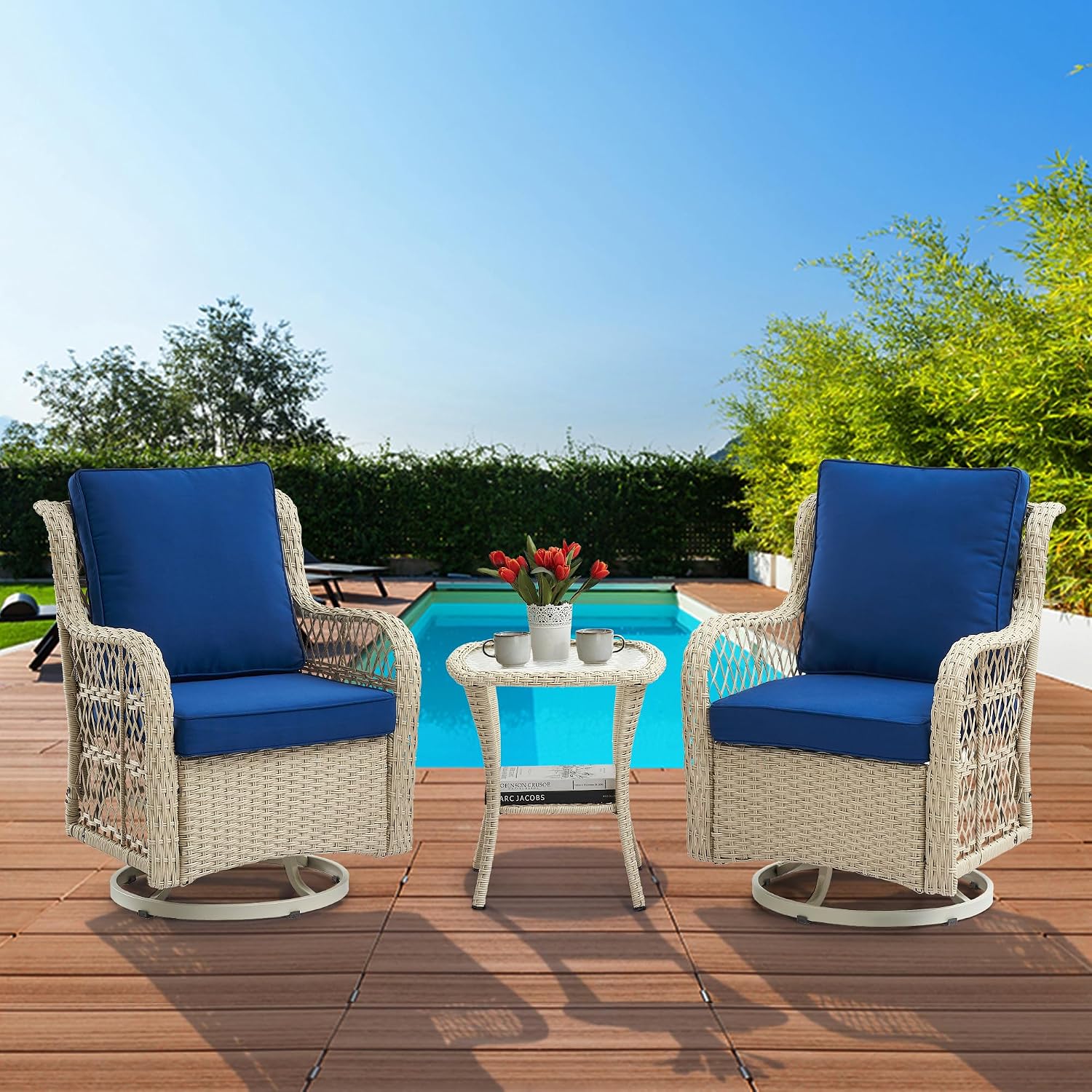 IDEALHOUSE 3 Piece Patio Furniture Sets Wicker Swivel Patio Chairs, Swivel Rocking Chairs Set of 2 with Rattan Side Table, 360-Degree Swivel Rocking Chair for Patio Porch Pool (Light Beige), Onesize