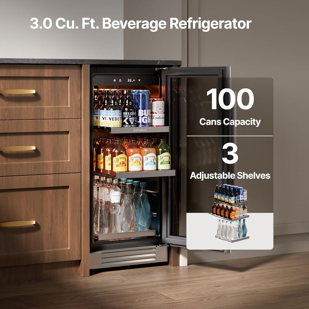 Ca'Lefort 15 Inch Beverage Fridge, 100 Can Beverage Refrigerator with Glass Door, 3 Color LED Lights, 34°F-54°F Built-in or Freestanding Drink Fridge for Kitchen, Home Bar, Office
