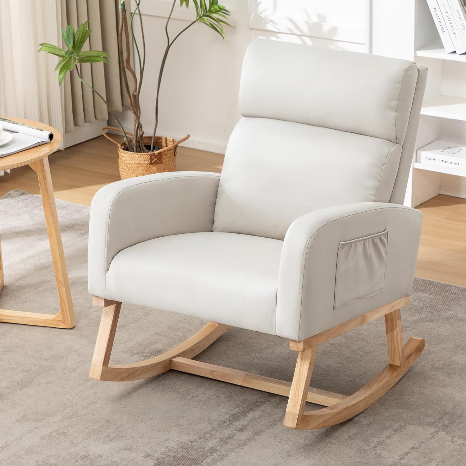 HCHAIRH Rocking Chair Nursery, Modern Nursing Glider Rocking Chairs Comfy Rocker Armchair with Solid Wood Legs for Nursery Living Room, Bedroom (Pu Beige)