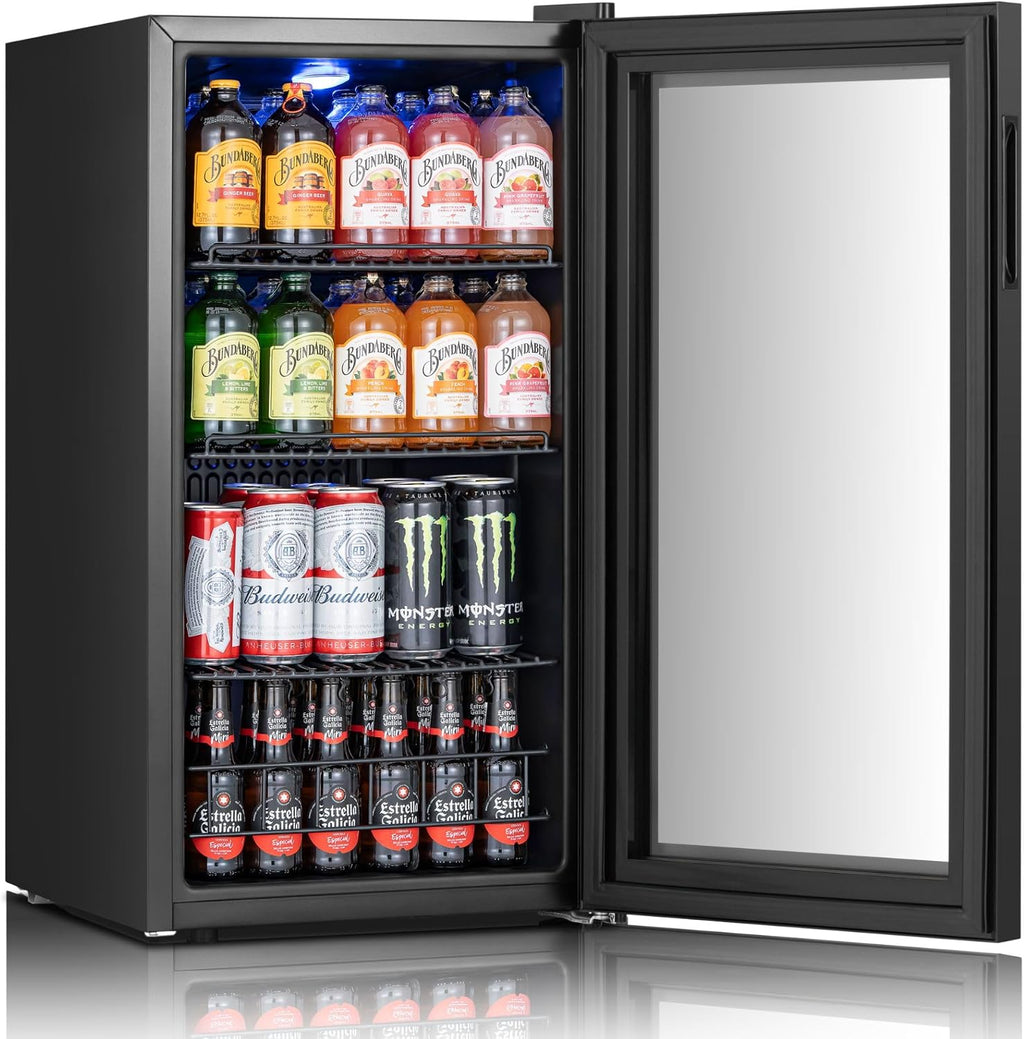Yeego Beverage Refrigerator Cooler, 105-Can Mini Fridge with Glass Door, Adjustable Shelves, Digital Temperature Control for Soda, Beer, and Wine, Ideal for Home or Office