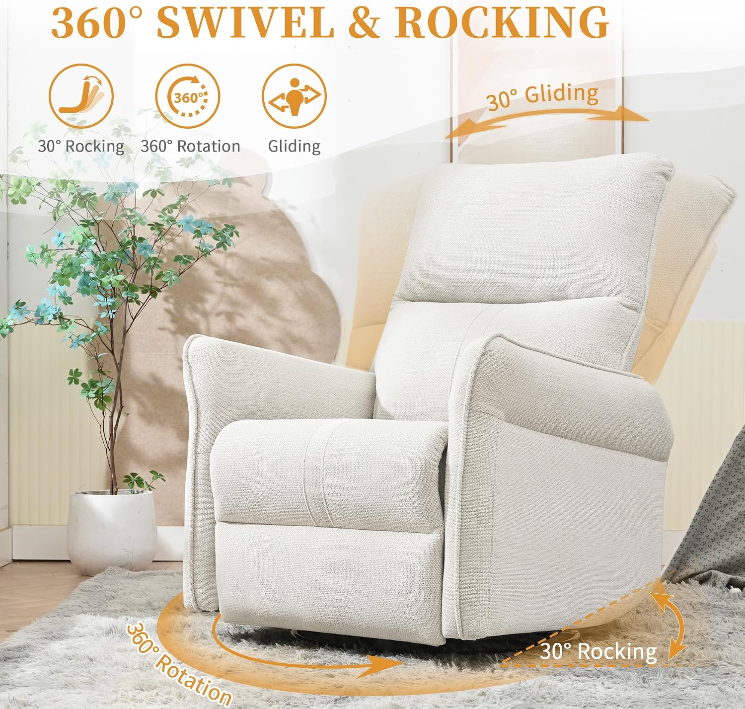 Power Swivel Rocker Recliner Chair for Nursery, Upholstered Snowflake Velvet 270°Swivel Glider Rocker Chair with USB Ports, Small Power Recliners for Small Spaces Living Room