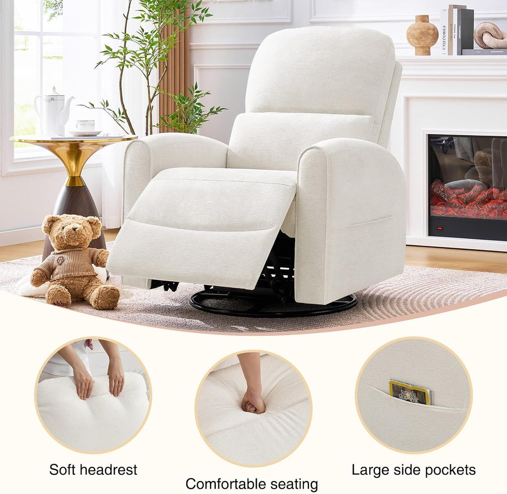 Power Swivel Rocker Recliner, Swivel Glider Nursery Electric Recliner Chair with Lumbar Support, Upholstered Rocking Recling Chairs for Adults Nursery, Living Room, Bedroom, White