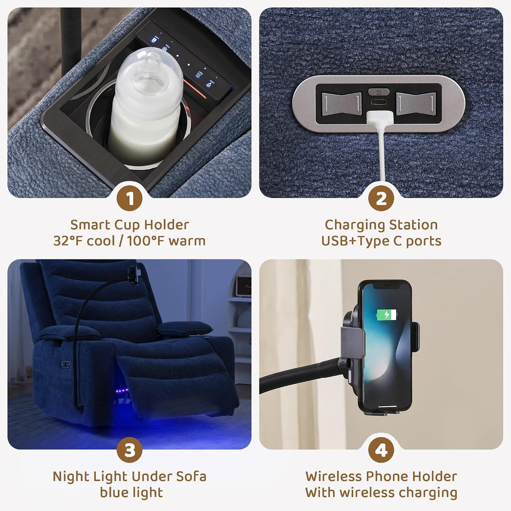 Olela Power Glider Recliner Nursery Chair, Swivel Rocking Chair with Electric Lumbar Support, USB Charging, Smart Cup Holder, Light, Adjustable Armrest, Wireless Phone Charger Holder, Chenille