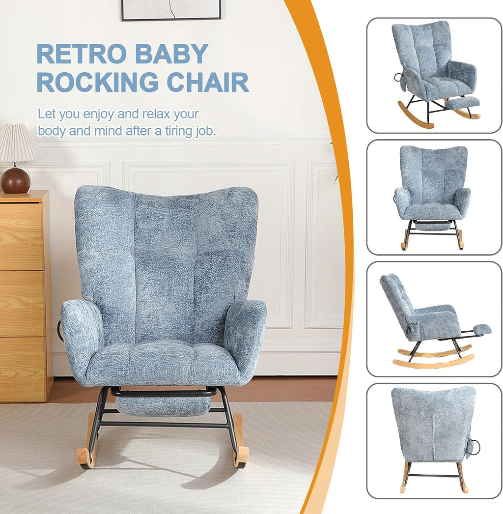 Rocking Chair Nursery with Airbag, Comfy Modern Nursery Rocking Reading Chair Indoor with Footrest, Cozy Upholstered Glider Rocker Chairs for Living Room Bedroom Offices, (Chenille, Blue)
