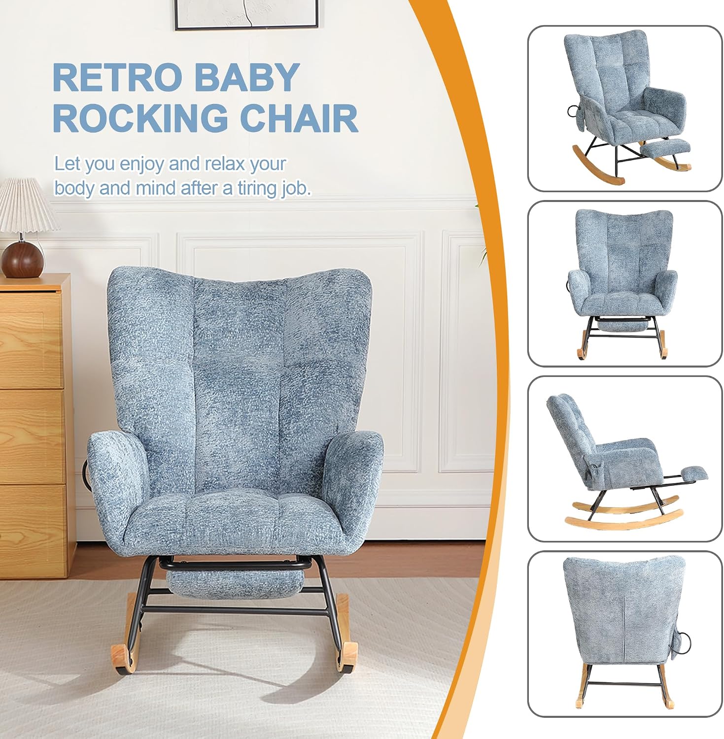 Rocking Chair Nursery with Airbag, Comfy Modern Nursery Rocking Reading Chair Indoor with Footrest, Cozy Upholstered Glider Rocker Chairs for Living Room Bedroom Offices, (Chenille, Blue)