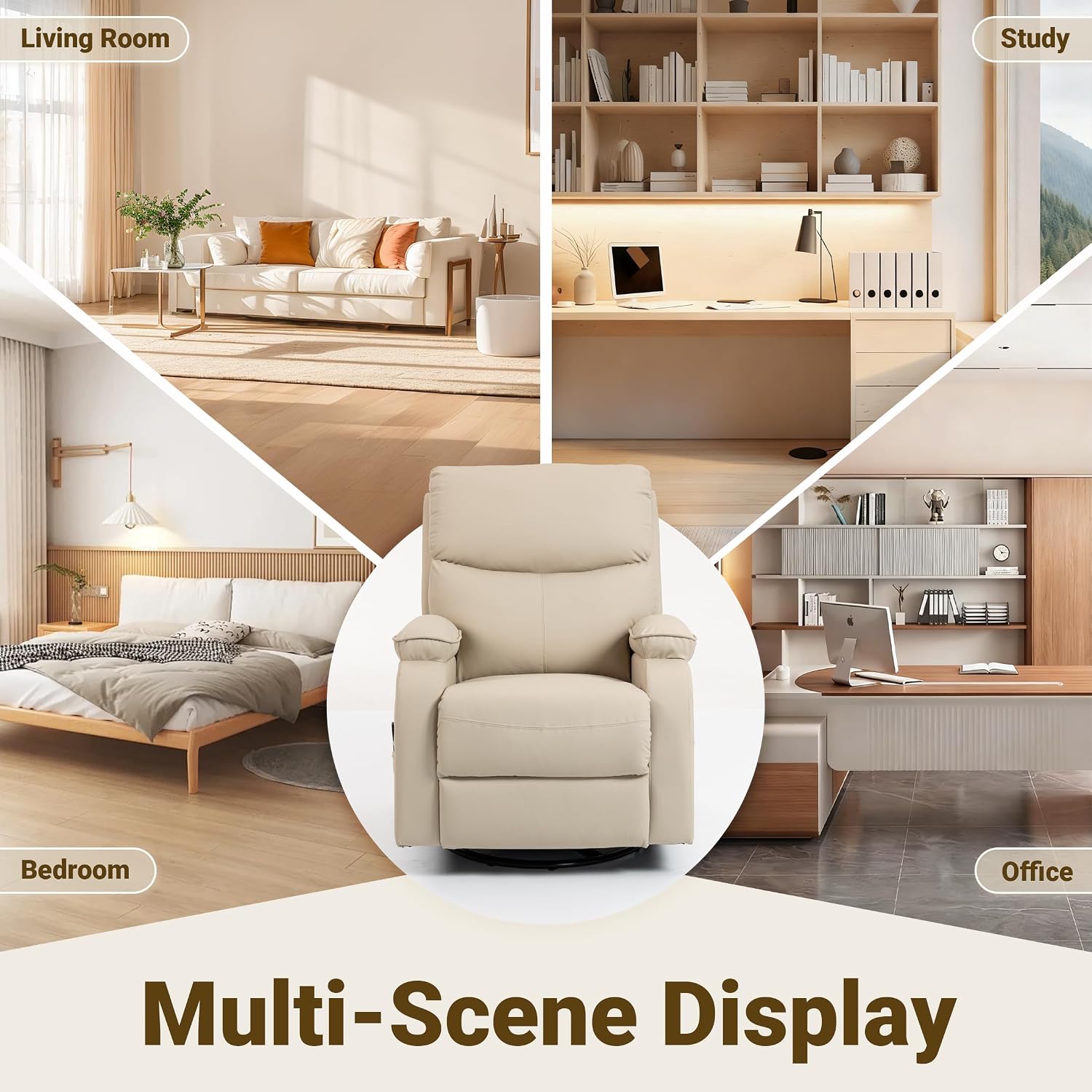 360° Swivel Rocking Recliner Chair, Massage Lazy Boy Recliner, Small Spaces Recliner for Living Room, Bedroom and Nursery, Beige Leather