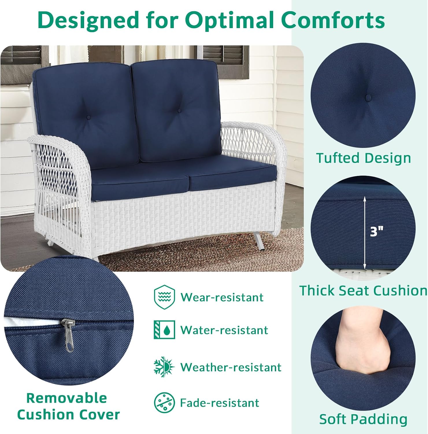 VIVIJASON 2-Piece Patio White Wicker Loveseat Glider Set Cushioned, Outdoor Conversation Furniture Sets W/ 2-Seater Glider Rocking Bench, Coffee Table and Cushions for Porch Garden Poolside, Navy Blue