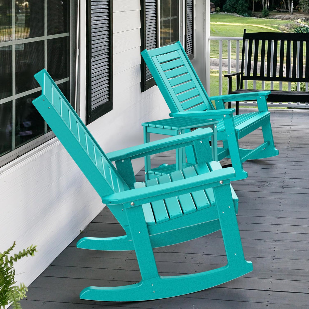 GREENVINES Outdoor Rocking Chair Set | 3-Piece | 2 Rocking Chairs with 1 Side Table | Porch Rocker | HDPE Plastic | Aqua | Patio Furniture Sets | High Back | Big & Tall | Ladder Back