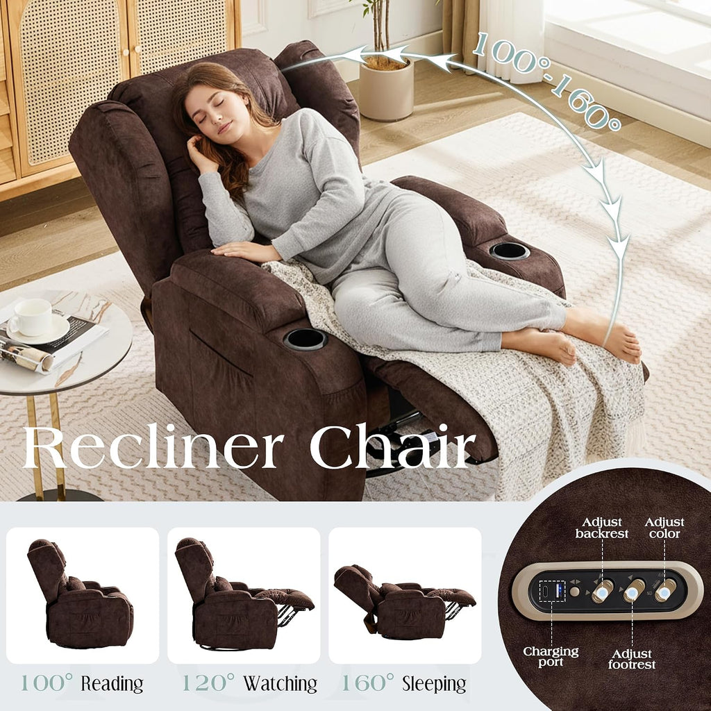 TUNYI Power Recliner Chair - Velvet Home Theater Seating Glider Reclining Sofa with Massage & Heat Swivel Rocker Recliner Chair for Living Room with LED Light/USB Port/Lumbar Pillow (Brown)