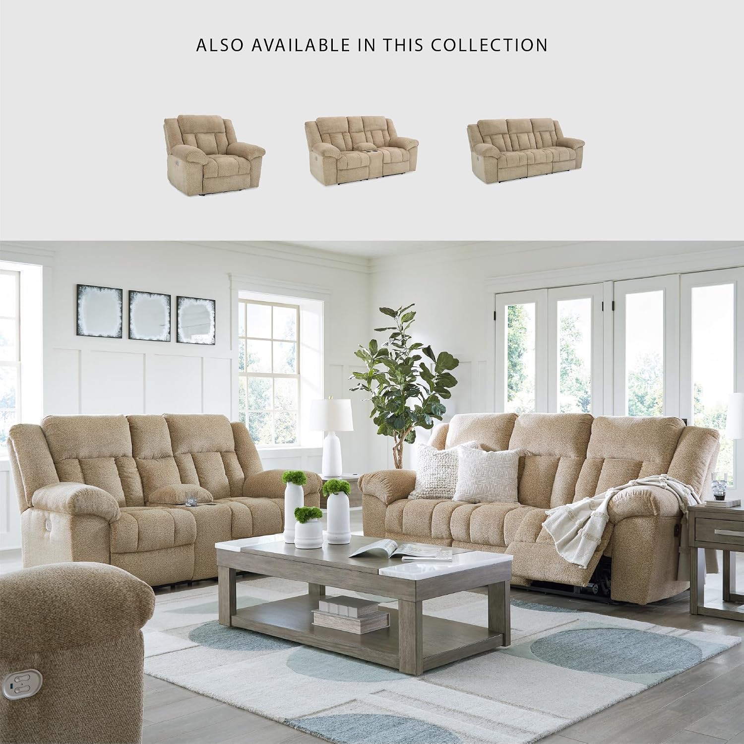 Signature Design by Ashley Tip-Off Classic Wall Hugger Power Reclining Loveseat with Adjustable Headrest, USB Ports, Storage and Cup Holders, Light Brown