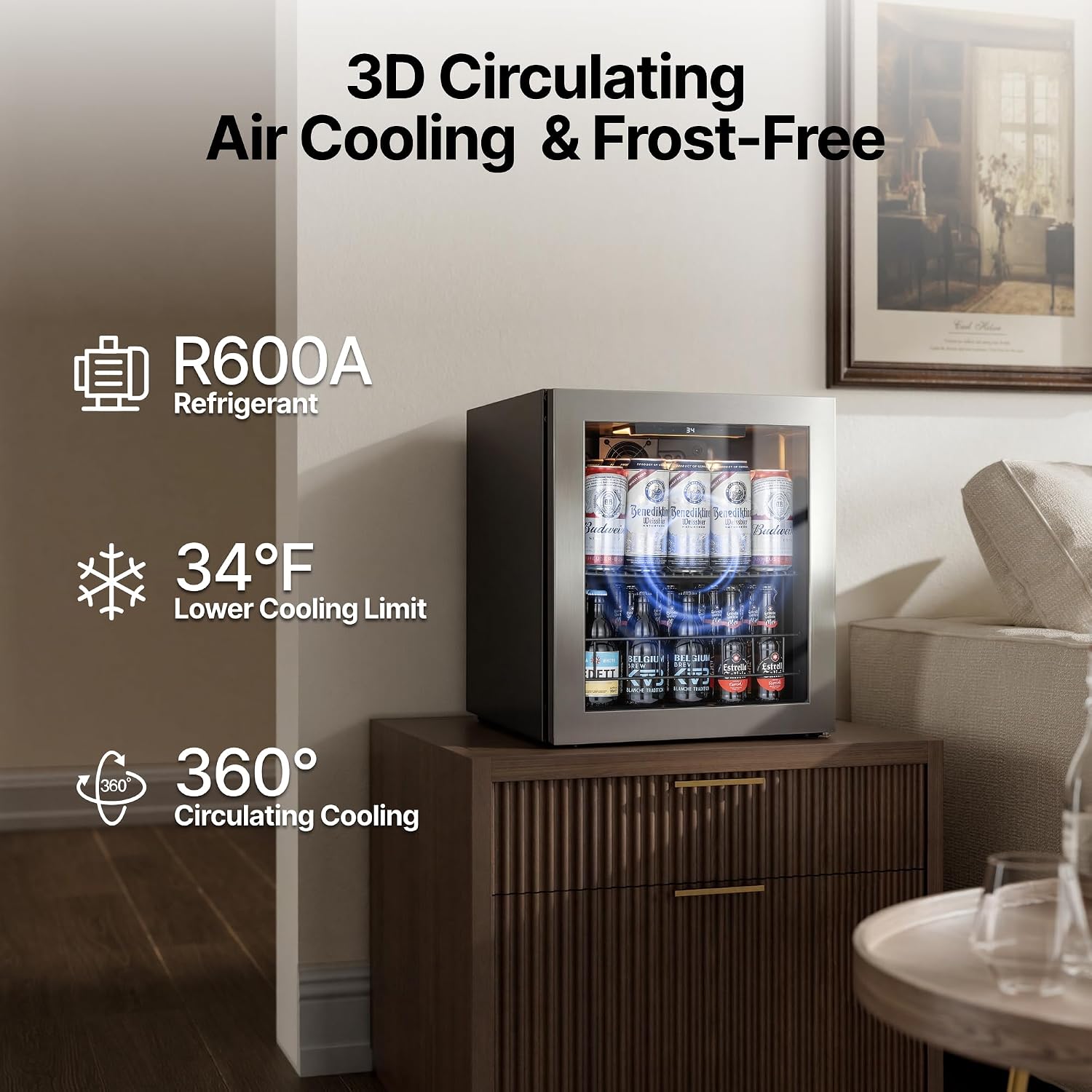 Ca'Lefort Mini Fridge Beverage Cooler, 65 Can Beverage Refrigerator with Reversible Glass Door, Adjustable Shelves for Soda, Beer & Drinks, Digital Temperature Control for Dorm, Office & Home