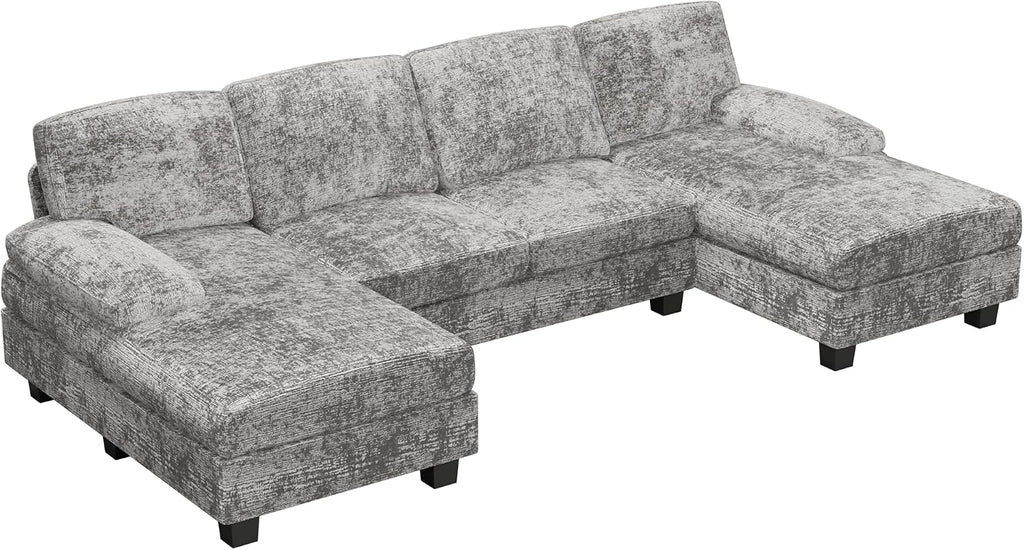 Furniwell Convertible Sectional Sofa Couch, 4 Seat Sofa Set for Living Room U-Shaped Modern Fabric Modular Sofa Sleeper with Double Chaise & Memory Foam (Fabric, Grey)