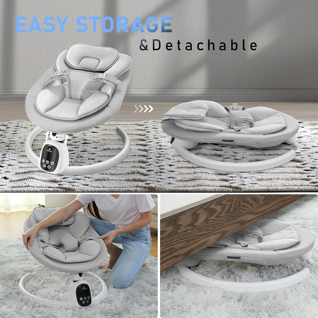 T TICCI Baby Swings for Infants, 5 Speed Bluetooth Baby Bouncer, Motorized Bluetooth Swing, Built-in 3 Timer Settings, Music Speaker, Remote Control, 0-6 Months, Grey
