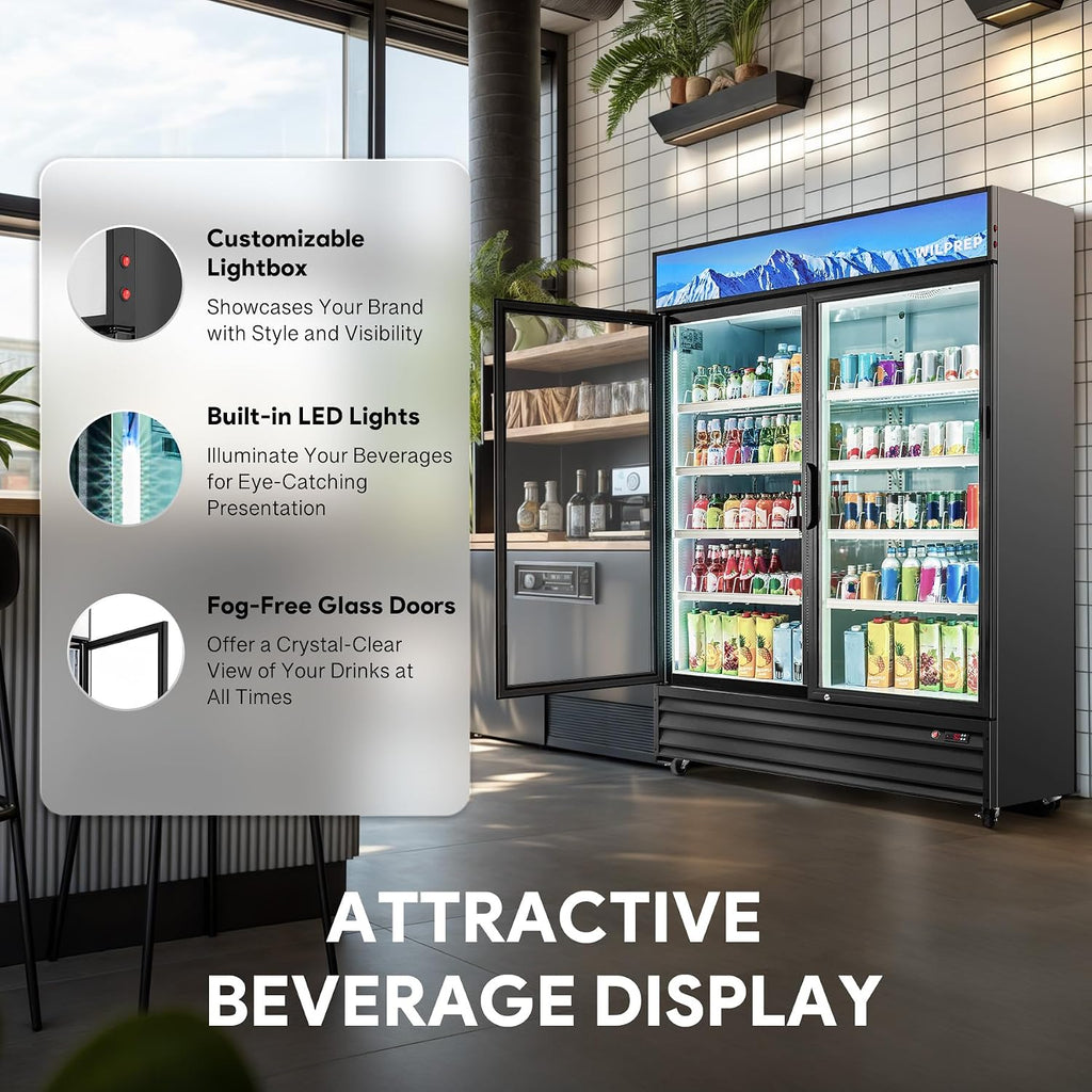 Wilprep Two Door Commercial Refrigerator, 40 cu. ft. Swing Door Merchandiser Refrigerator with Tempered Glass & LED Lighting, ETL Listed Fog Free Beverage Display Refrigerator for Office Bar Store…