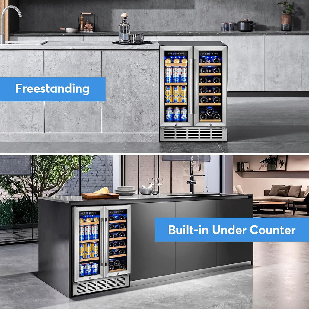FoMup Wine and Beverage Refrigerator with Glass Door, 24-Inch Dual Zone Wine Fridge Under Counter - 18 Bottle and 88 Can Large Capacity Led Blue Light Smart Fast Cooling Wine Cooler