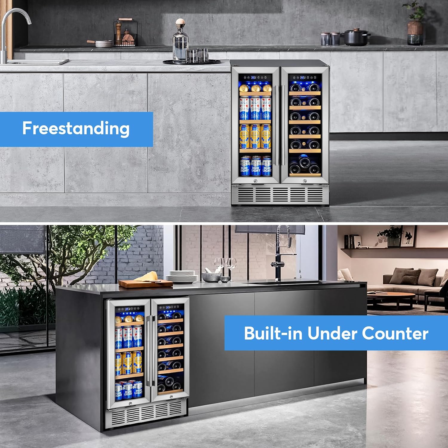 FoMup Wine and Beverage Refrigerator with Glass Door, 24-Inch Dual Zone Wine Fridge Under Counter - 18 Bottle and 88 Can Large Capacity Led Blue Light Smart Fast Cooling Wine Cooler