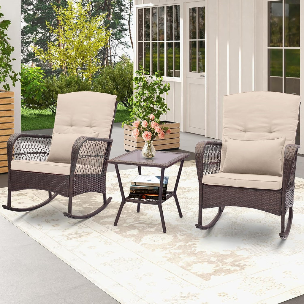 HAPPYGRILL 3 Pieces PE Rattan Rocking Bistro Set, Rocking Chairs with 2-Tier Coffee Table, Thick Pillows and Cushions, Outdoor Conversation Set for Porch, Garden and Poolside, (Beige)