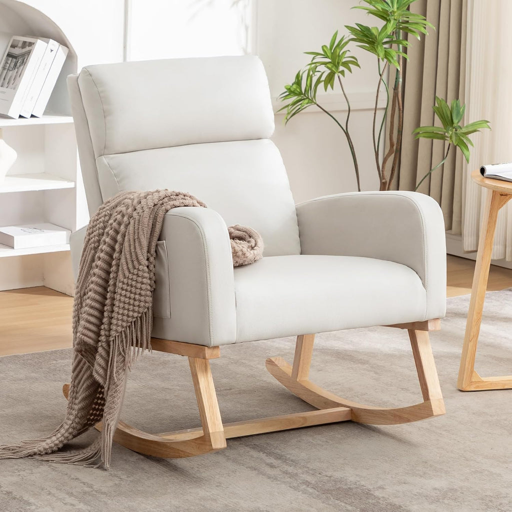 HCHAIRH Rocking Chair Nursery, Modern Nursing Glider Rocking Chairs Comfy Rocker Armchair with Solid Wood Legs for Nursery Living Room, Bedroom (Pu Beige)