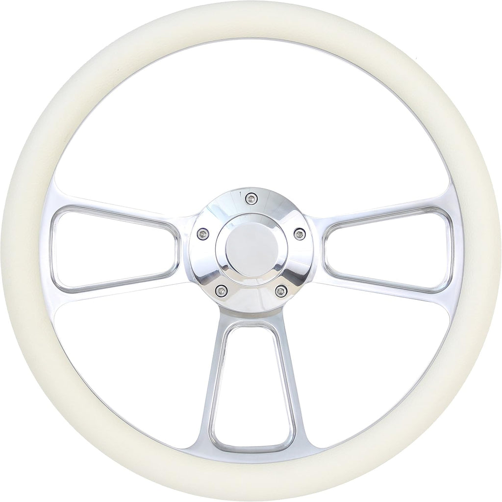 Boat Steering Wheel 14 Inch Aluminum With Cream Vinyl Half Wrap, Horn Button, and Installation Adapter