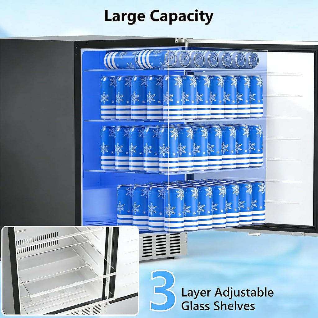 Electactic 24.4 Inch Beverage Refrigerator, Under Counter Freestanding Beverage Cooler 180 Can, Outdoor Fridge with Stainless Steel Door, Outdoor Refrigerator for Patio, Home, Kitchen, Bar (Silver)