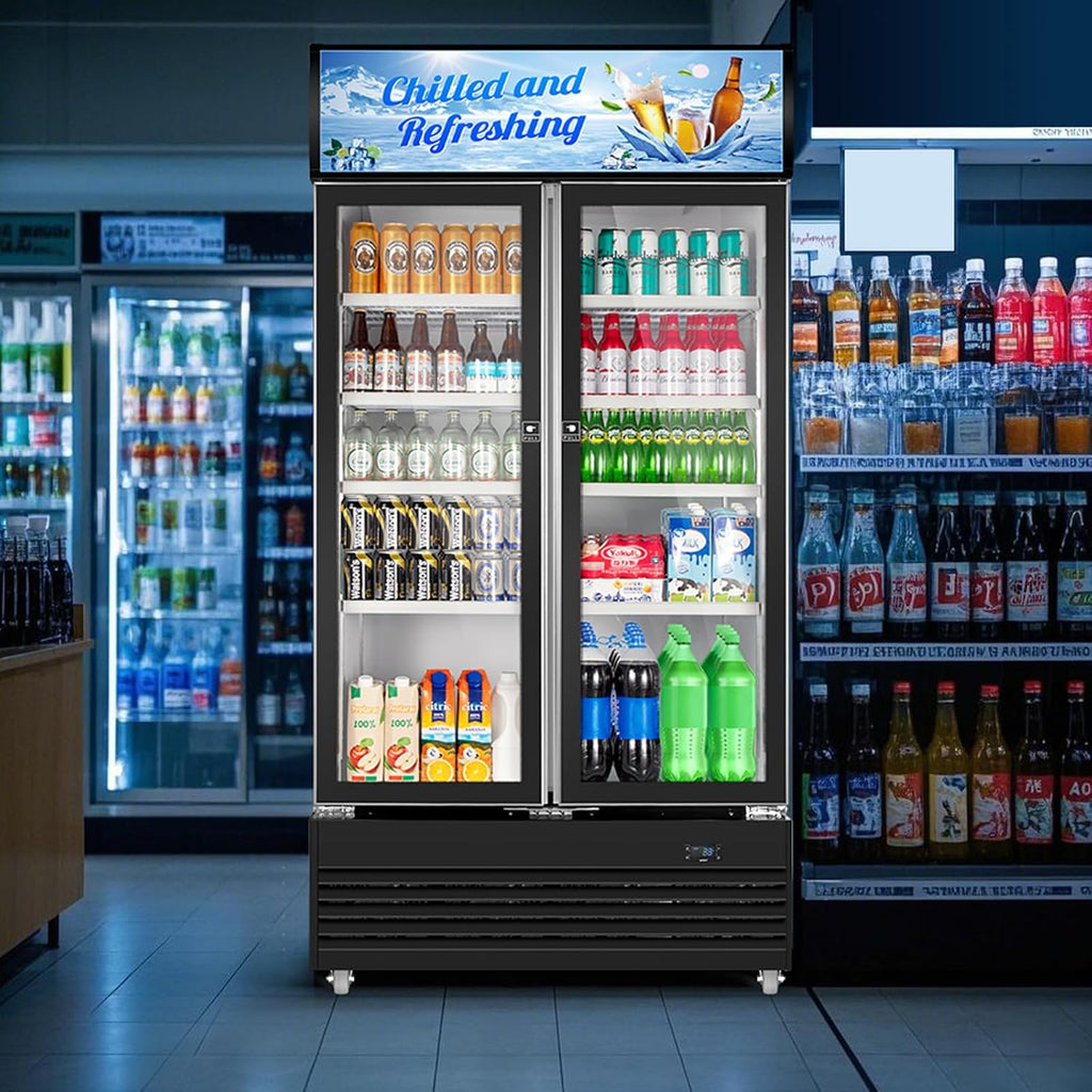 Tylza Commercial Refrigerator, Double Glass Door Display Beverage Fridge, 28.1 Cu Ft Upright Beverage Cooler Merchandiser with Replaceable Advertising Light Board, Rebound Door, Fast Cooling, Black
