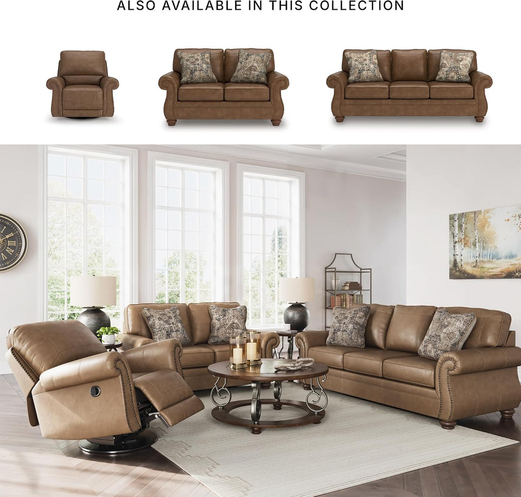 Signature Design by Ashley Shadsburne Classic Faux Leather Manual Rocker Swivel Glider Recliner with Nailhead Trim, Brown