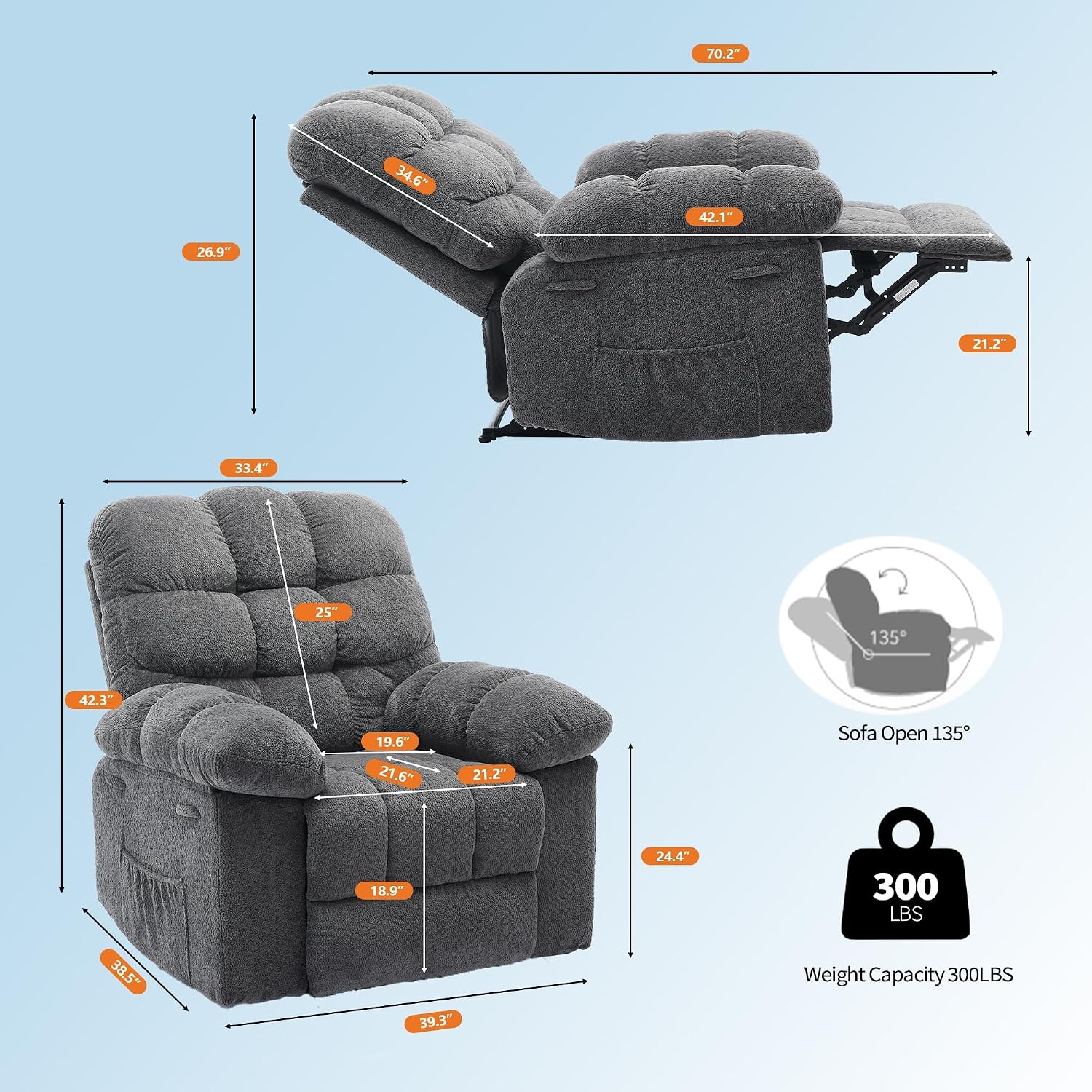 Manual Recliner Chair, Oversized Recliner for Adults with Extra Wide Arm and Back, Lazy Boy Recliner with Side Pockets, Comfy Breathable Fabric Large Nursery Rocking Chair for Living Room Bedroom