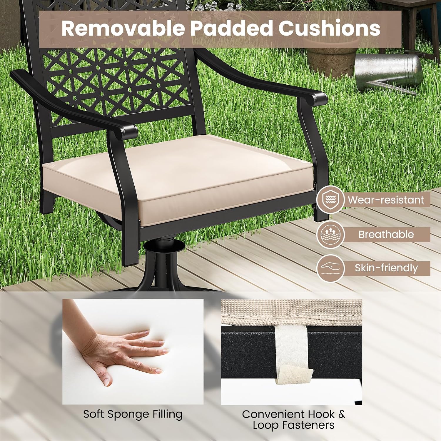 Giantex 2 Pack Swivel Outdoor Chairs, Set of 2 Patio Dining Rocking Chairs with Soft Cushions, Round Steel Base, Porch Garden Backyard Lawn Poolside Beige