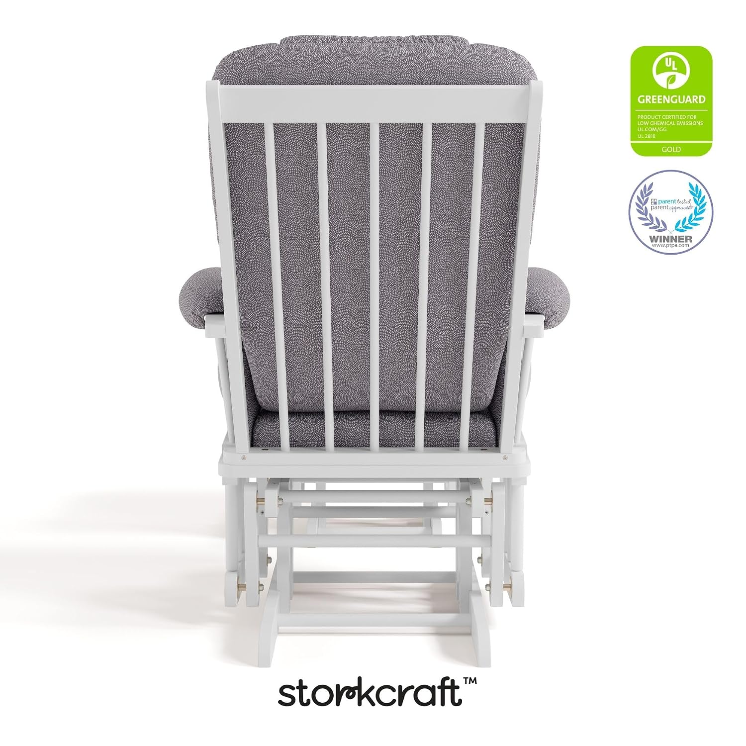 Storkcraft Tuscany Custom Glider and Ottoman with Free Lumbar Pillow (White/Slate Gray Swirl) - Cleanable Upholstered Comfort Rocking Nursery Chair with Ottoman