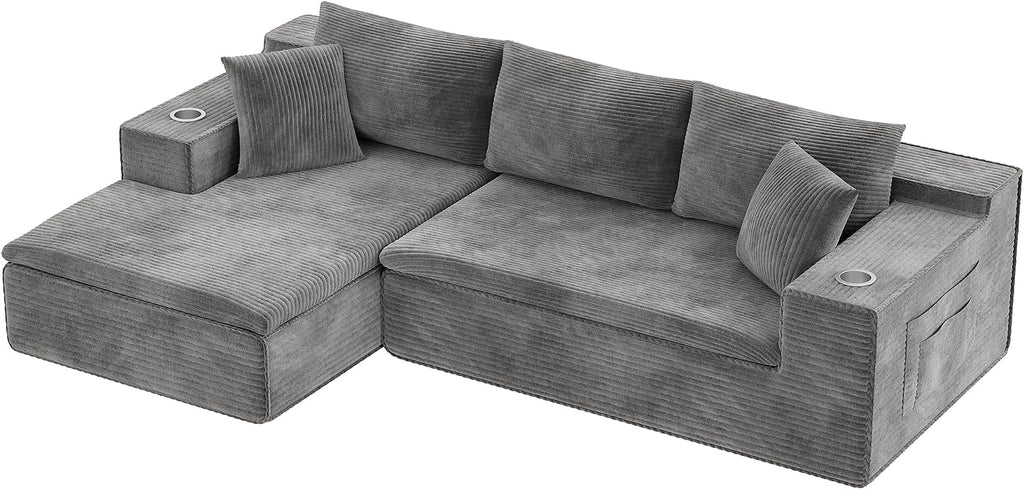 Homall 109' Boneless Couch with Memory Foam, Modular Sectional Sofa with L-Shape Chaise, Cloud Couch with Deep Seat, Dual Cup Holders & Side Pockets, No Assembly Required (Gray)