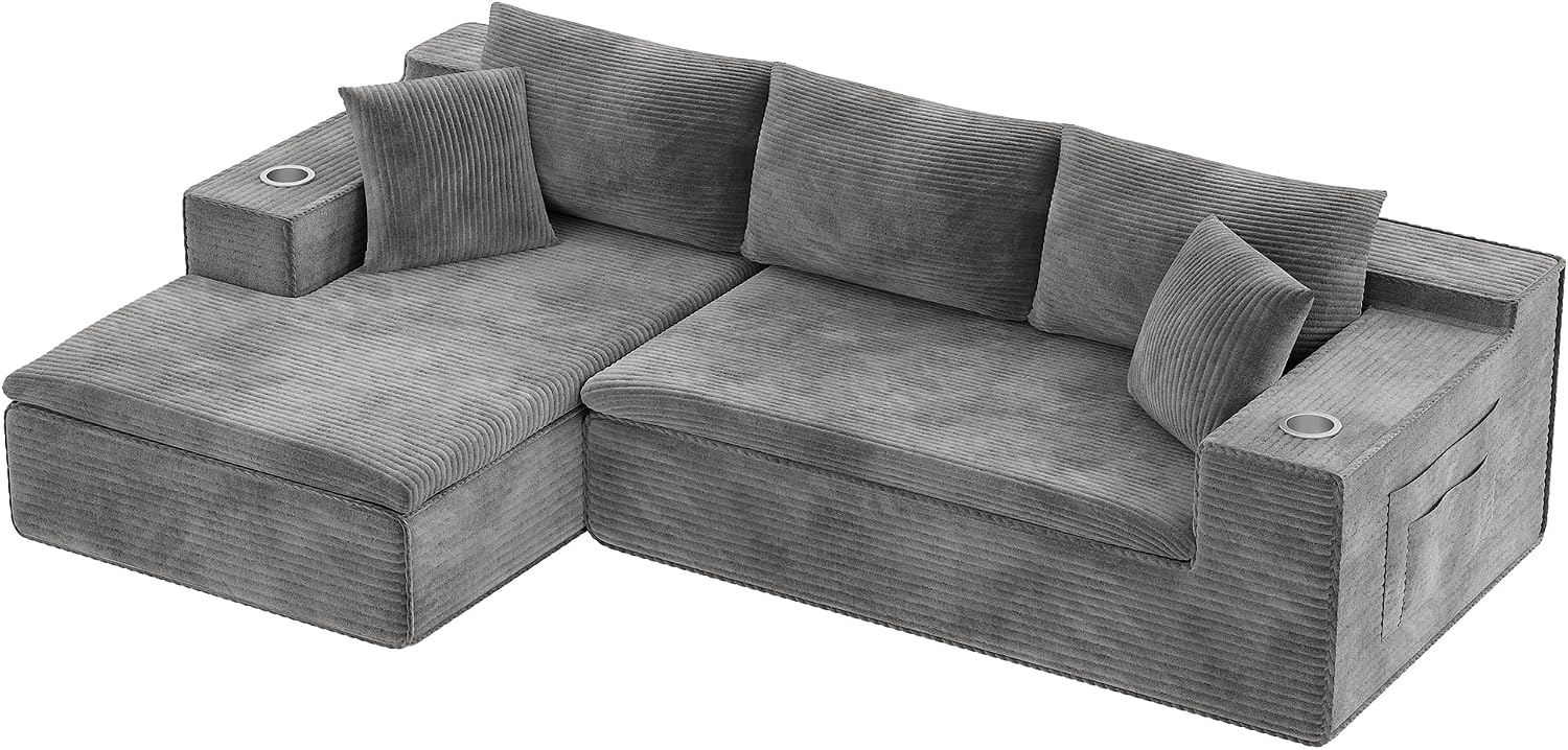 Homall 109' Boneless Couch with Memory Foam, Modular Sectional Sofa with L-Shape Chaise, Cloud Couch with Deep Seat, Dual Cup Holders & Side Pockets, No Assembly Required (Gray)