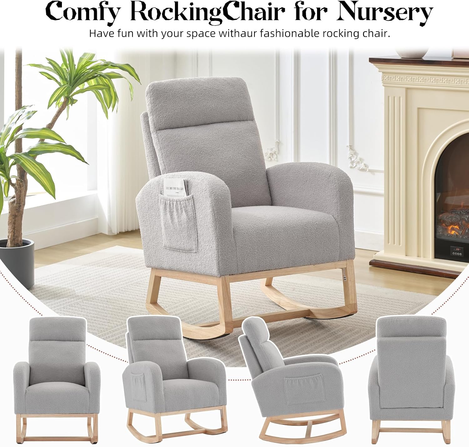 Nursery Glider and Rocker Chair, Upholstered High Back Rocking Chair with Side Pockets, 300 lbs Capacity Plush Teddy Fabric Accent Armchair for Living Room, Bedroom, Nursery (Light Grey)